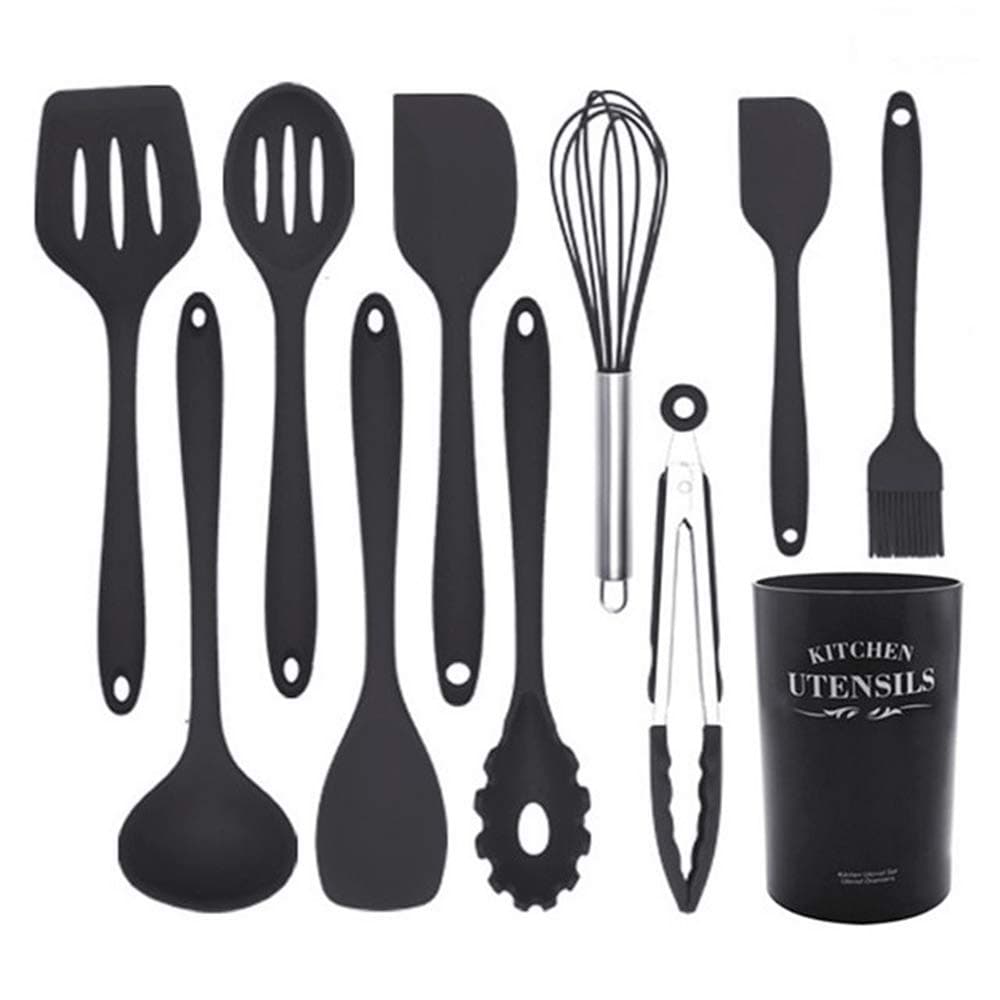 11Pcs Silicone Cooking Kitchen Utensils Set with Holder Silicone Spatula set Cooking Tool BPA Free Non Toxic Turner Tongs Spatula Spoon Kitchen Gadgets Set for Nonstick Heat Resistant Cookware (Black)