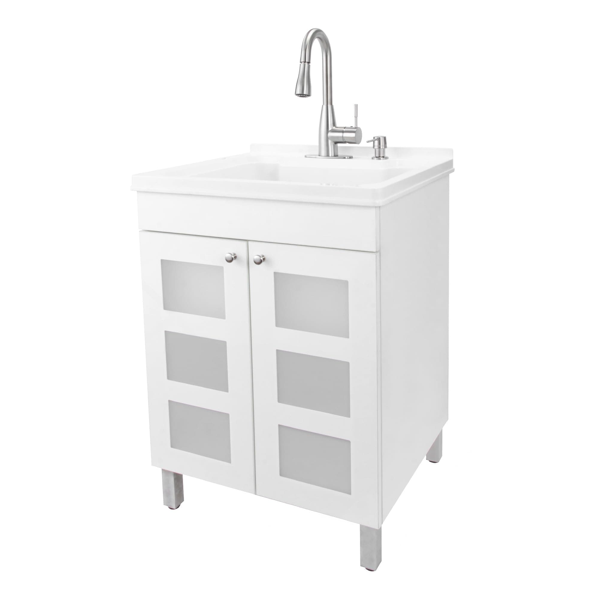White Utility Sink in White Vanity, Stainless Steel Pull-Down Sprayer Faucet, Soap Dispenser and Spacious Cabinet by JS Jackson Supplies for Garage, Basement, Shop and Laundry Room