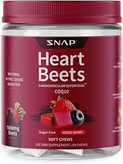 - Snap Supplements Heart Beets Beet Root Soft Chews, Cardiovascular Support Supplement for Men & Women, CoQ10 & Acai, Energy & Circulation Support, Sugar Free, Mixed Berry, 60 Soft Chews