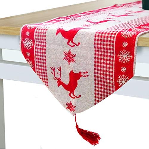 Christmas Table Runner – Tablecloth Table Topper Tapestry for Family Dinner Party Table Cover Decoration Home Kitchen Décor Party Supplies Housewarming, 14” x 70", Reindeer and Snowflake Design