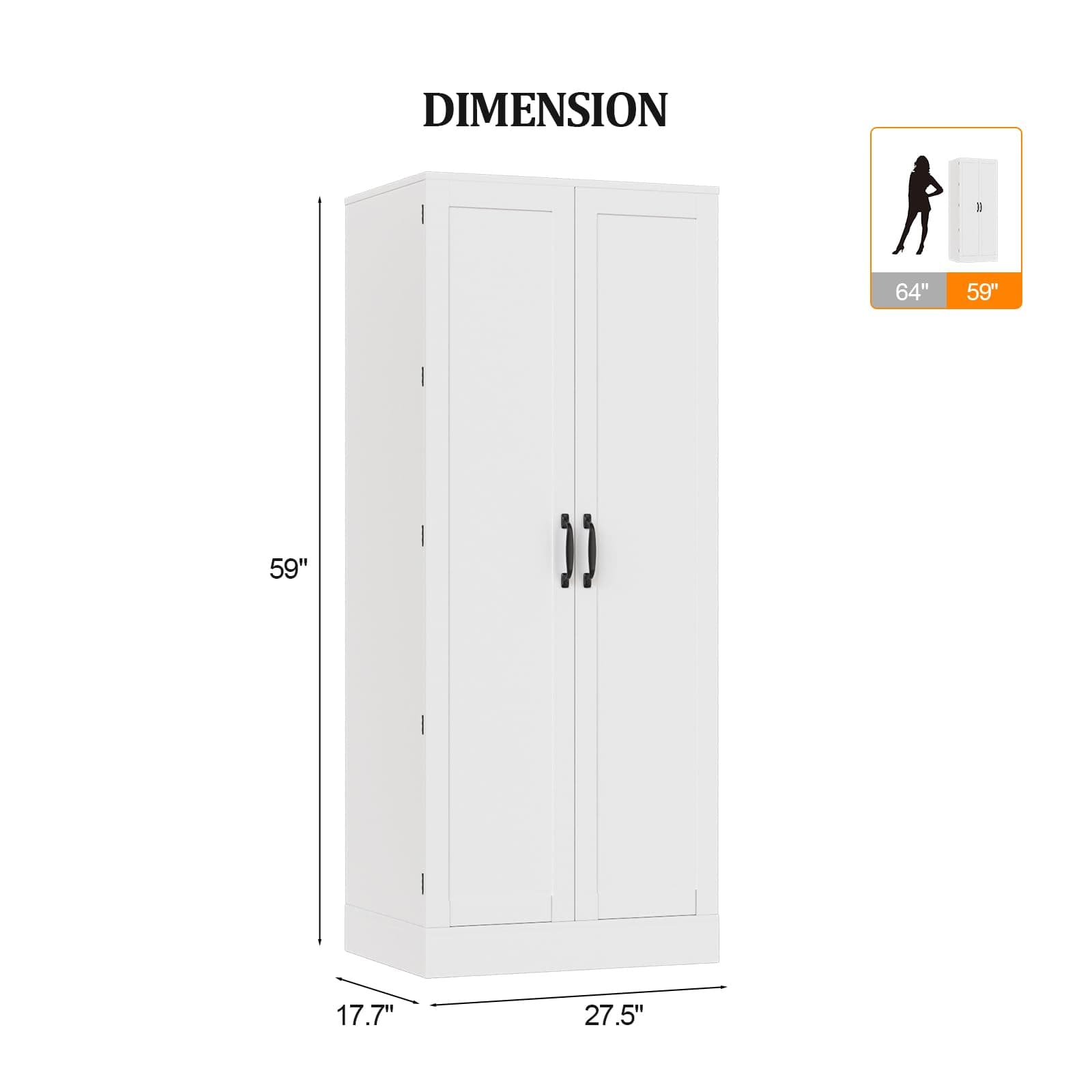 VINGLI Pantry Cabinet,Tall White Kitchen Storage Cabinet with 2 Doors and Adjustable Shelves, 59" H Food Storage Freestanding Cupboard for Small Space in Dining Room, Living Room…