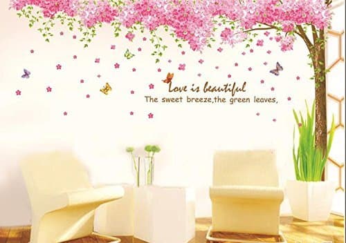 Rainbow Fox Large Pink Sakura Flower Cherry Blossom Tree Wall Sticker Decals PVC Removable Wall Decal for Nursery Girls and Boys Children's Bedroom