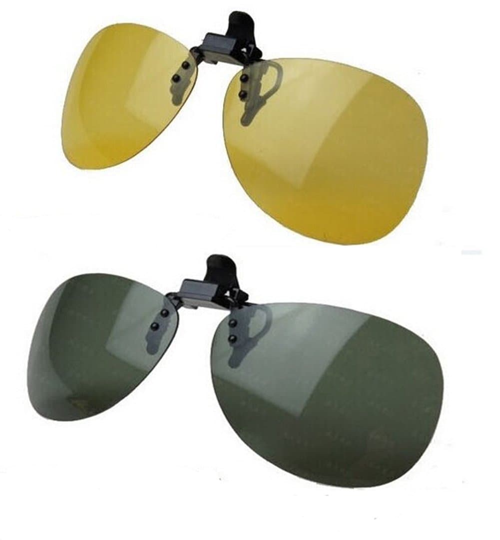 Wonderfulsight 2 Piece Day+Night Vision Polarized Clip-on Flip-up Sunglasses Necessary for Driving (B:Dark Green(day)+Yellow(night))
