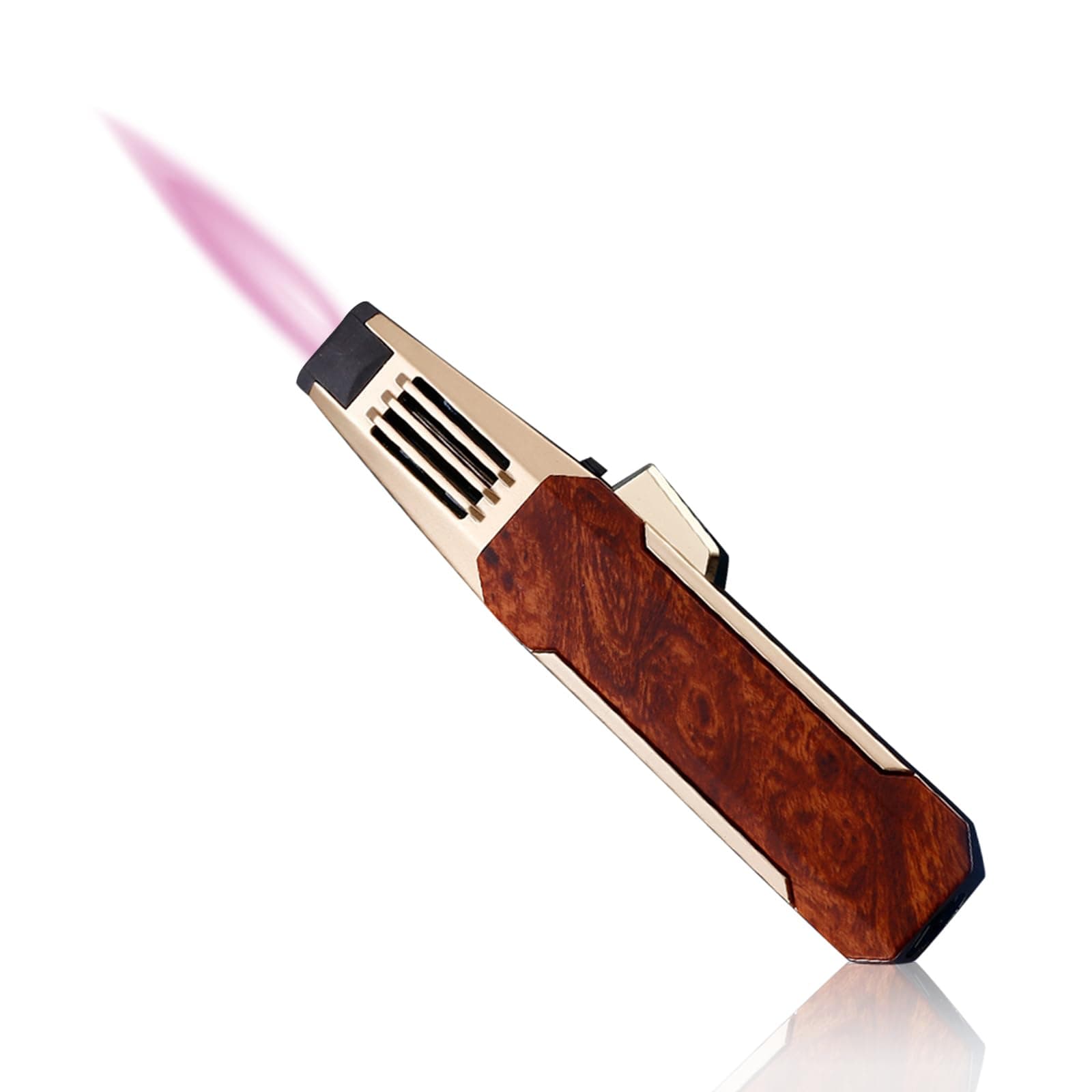JOBON Solar Beam Torch Adjustable Lockable Firepower Butane Refillable Jet Flame Lighter for Baking Kitchen Grill BBQ Camping (Gas Not Included) (Pink Frame-Brown and Gold)