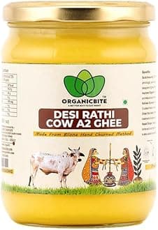 Organicbite A2 Desi Cow Ghee | Bilona Vedic Method | Rathi Cow Grass-Fed | Ayurvedic Curd Churned Ghee | 500ml Glass Jar | Pure & Natural