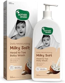 - Mother Sparsh Milky Soft Head to Toe Baby Wash & Baby Shampoo-400ml with Milk Protein & Shea Butter | Ph balanced & Paraben free 2 in 1 Moisturizing Natural Baby Body Wash & Shampoo