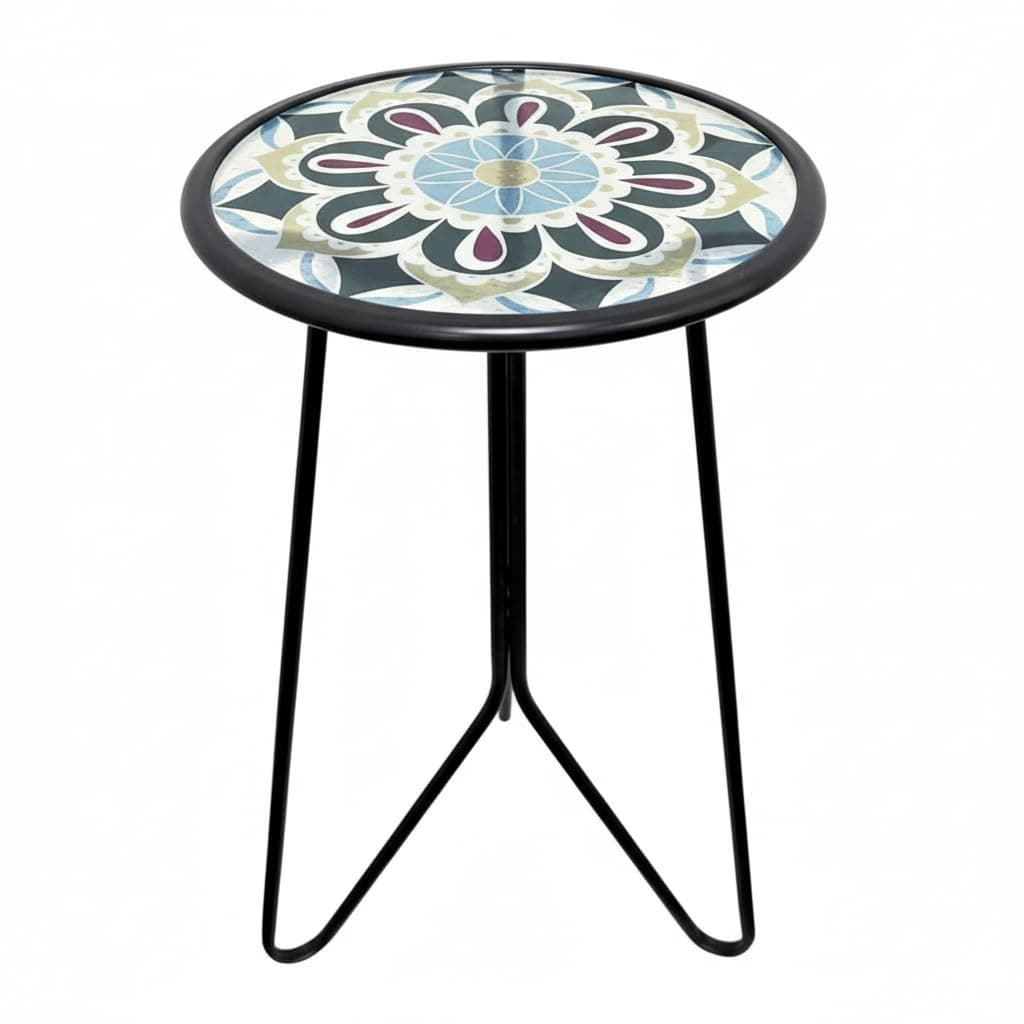 LIFFY Outdoor Side Table,12" Indoor Small Round Glass Tabletop Accent Table with Metal Frame, Home Decorative Plant Stand & End Table Outside for Patio, Garden, Yard, Kitchen, Porch