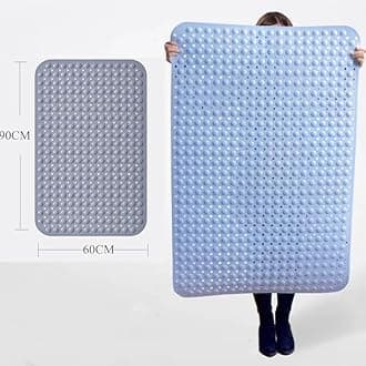 Extra Wide 90x60CM Non-Slip Soft Bath Mat Anti Slip TPR Shower Mat with Strong Suction Cups Non Skid Mats for Bathroom Toilet Hotel, Anti-Bacterial Safety Bathtub Mat,Blue