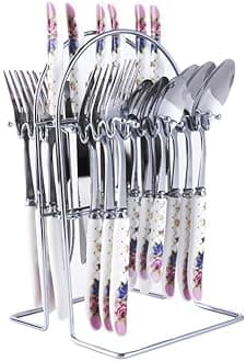 Stainless Steel Spoons, Forks & Knives Set of 24 with Stand and Ceramic Handle (Floral Pink)