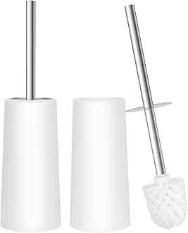 Topsky Toilet Brush with Holder, 2 Pack Compact Toilet Bowl Cleaner Brush and Holder with Stainless Steel Handle, Toilet Bowl Brush for Bathroom Storage (White)