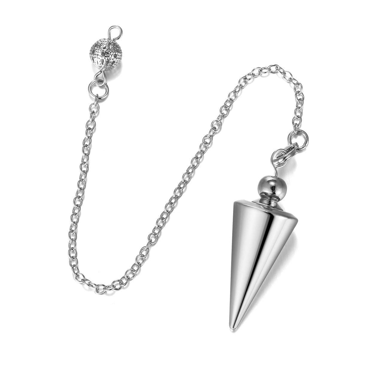 PESOENTH Copper Metal Dowsing Pendulum Divination Dower Reiki Healing Pendulum Chain,Silver Spiral Coil Point Meditation Yoga Balancing Pendant (Silver (Solid Cone))