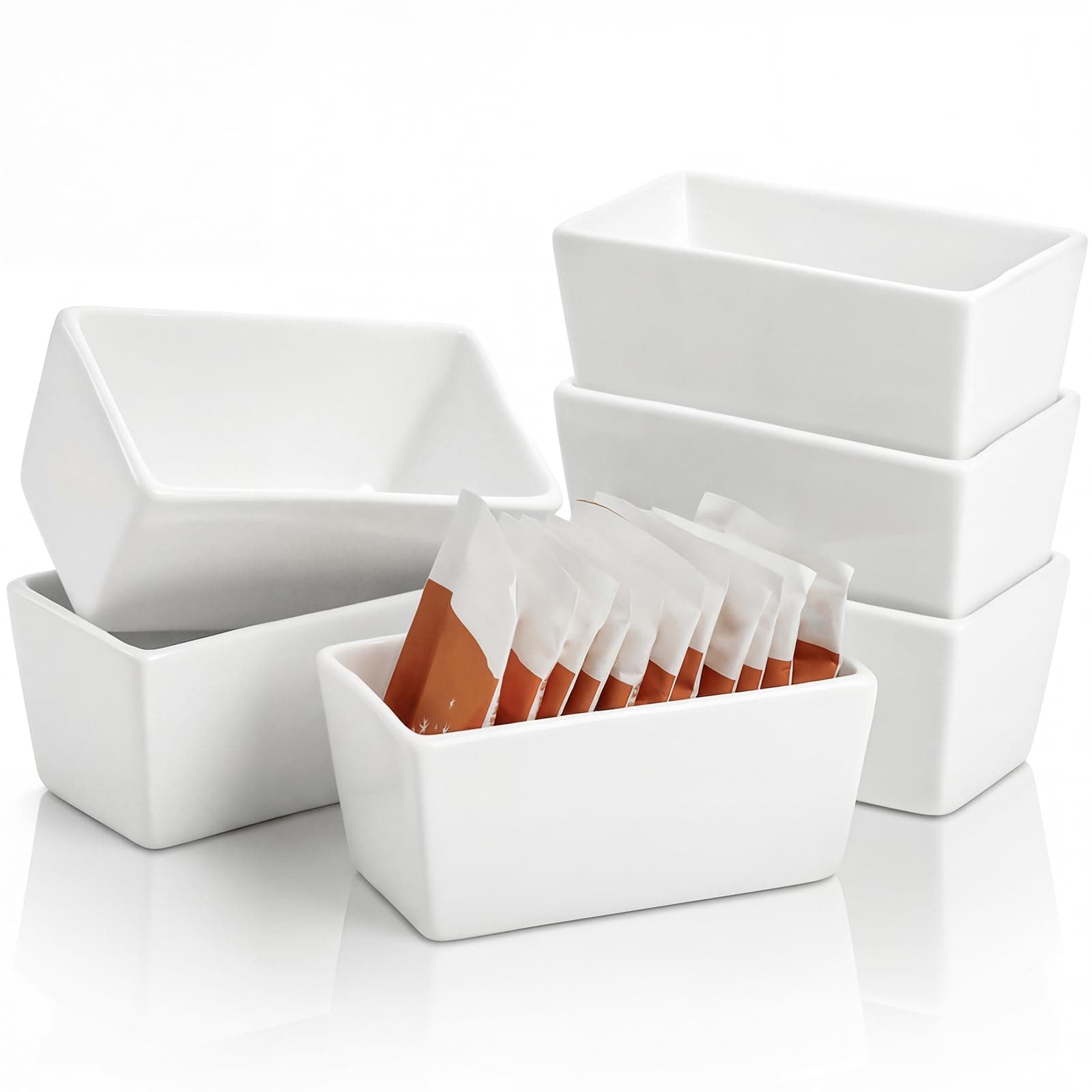 Elsjoy Set of 6 White Ceramic Sugar Packet Holders, 5 oz Porcelain Sweetener Packet Organizer, Sugar Bag Caddy Tea Packet Bowl for Countertop, Coffee Bar