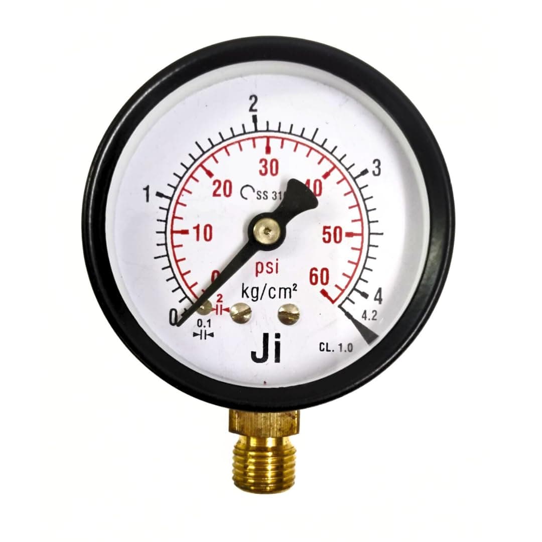 Commercial Pressure Gauge, 2 1/2" Dial, Range 0 to 4.2 Kg/Cm2 with Dual Scale of 60 PSI, Direct Mounting Bottom Entry, 1/4" BSP (M) Connection, MS Case & Brass Internals