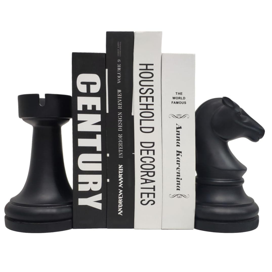 Chess Bookends Novelty Book Holders, Decorative Book Ends Modern Bookends Stoppers for Shelves, Black Heavy Duty Book Ends for Shelves Office Desk Decoration, Resin, 7" x 7"