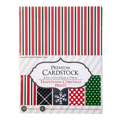 Printed Christmas Cardstock, 65 Lb Pattern Paper, 25 pack (Traditional Christmas Prints)