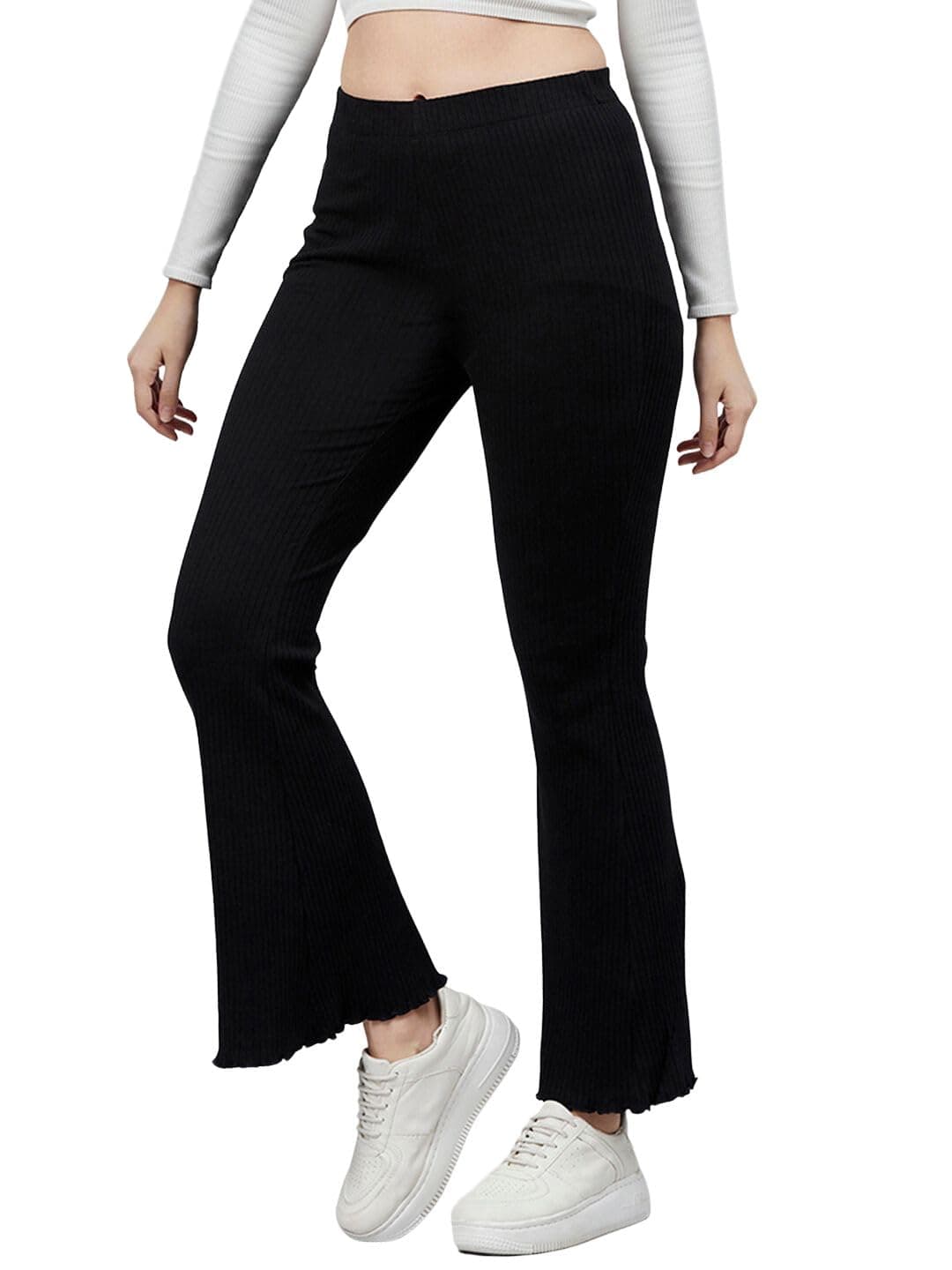 BLINKINRibbed Stretchable Flared Pants for Women | Boot Cut Bell Bottom Pants for Women - Ideal for Yoga & Gym Wear, Casual Wear & Office Wear Trousers for Women
