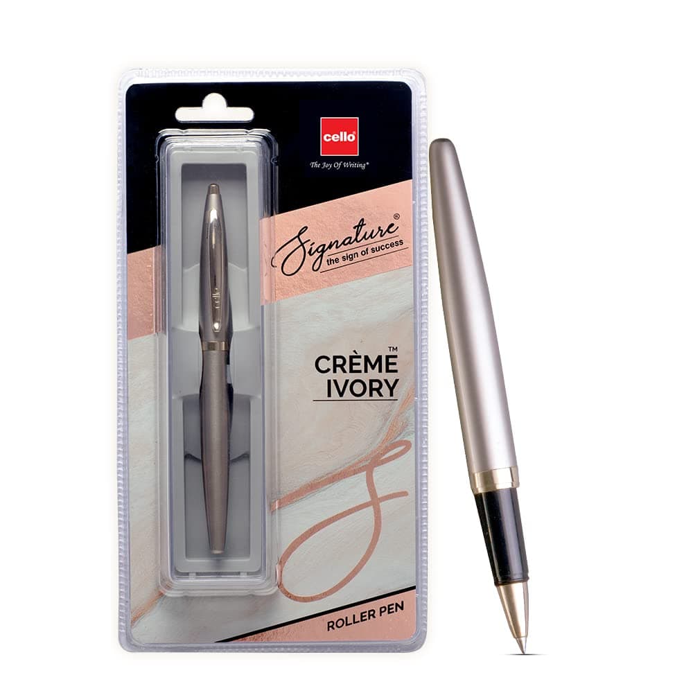 Cello Signature Crème Ivory Roller Pen | Blue Ink | 1 Roller Pen | Ivory and Gold Finish | Premium Metal Pens for Office Use | Stylish Gifts for Men & Women | Corporate Gifting