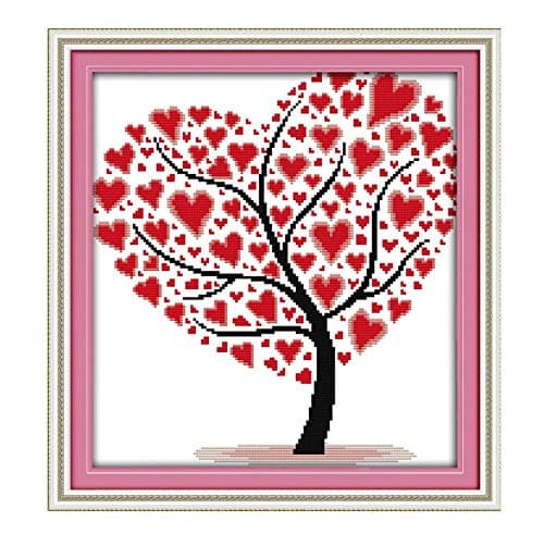 unlockgift Stamped Cross Stitch Kits for Beginners Acurate Pre-Printed Counted Cross Stitch -Love Heart Tree