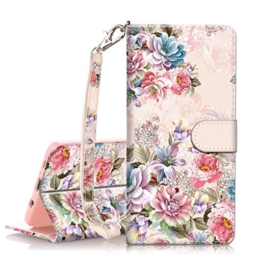 Galaxy S9 Case, Hocase PU Leather Full Body Protective Wallet Case Cover with Credit Card Holders, Wrist Strap, Magnetic Closure for Samsung Galaxy S9 (SM-G960) 2018 - Peony Flowers