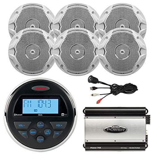 Jensen MS-3ARTL Gauge Style Marine Waterproof Stereo Bundle Combo W/ 6X JBL MS6510 6.5 Inch Boat Speakers (Bulk Packaging) + Jensen 4-Channel Amplifier + Enrock Universal USB/AUX Extension Cable