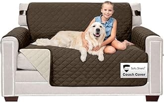 Sofa Shield Original Patent Pending Reversible Loveseat Slipcover, Dogs, 2" Strap/Hook, Seat Width Up to 54" Washable Furniture Protector, Couch Slip Cover for Pets, Kids (Love Seat: Chocolate/Beige)