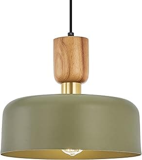 Contemporary Pendant Lighting,12 inch Pendant Lamp,Wood and Brass Accent,Adjustable Metal Hanging Light Fixture for Kitchen, Dining Room, Green