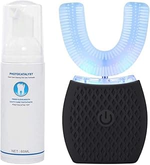 Maybuy Ultrasonic Automatic Toothbrush, Ultrasonic U-Shaped Toothbrushes for Adult, 360° Electric Sonic Tooth Brush with Automatic Timer, Wireless Charging Teethbrush Kit for Travel Or Home (Black)