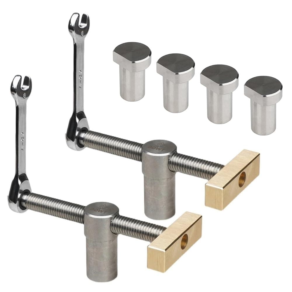 DDWT 2 Pack Bench Dog Clamp 3/4 Inch Dog Hole Clamp with 4 Bench Dogs Woodworking Adjustable Workbench Stop Stainless Steel Brass (19mm)