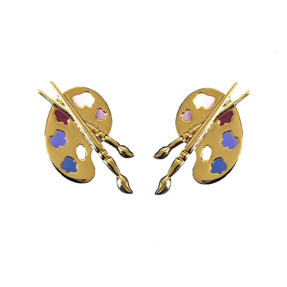 Gold Plated Colorful Paint Palette Paint Brushes Stud Dangle Earrings Painter Lovers Artist Jewelry