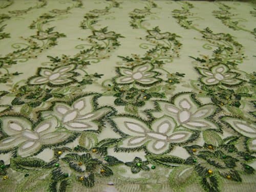 Green- Fancy Lace Design with Embroidery and Beads on Polyester Mesh