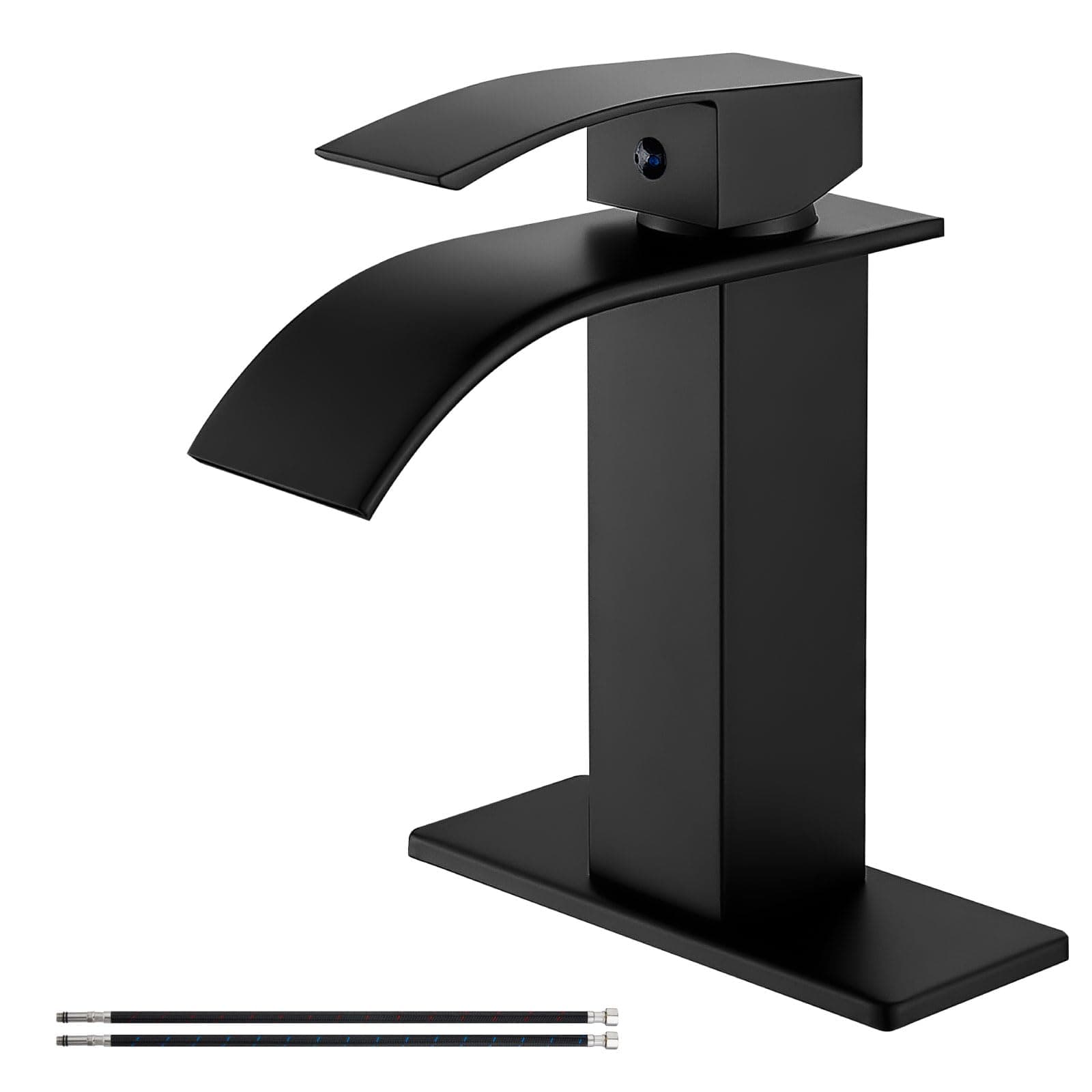 Airuida Matte Black Waterfall Bathroom Faucet, Single Handle Single Hole Bathroom Sink Faucet Deck Mount Mixer Tap with Deck Plate, Rv Lavatory Vanity Washbasin Faucet