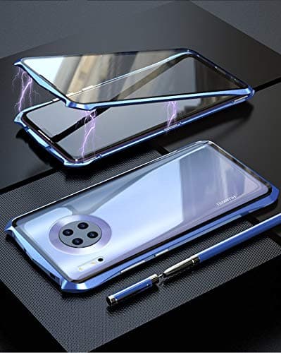 Plzcoin Mate 30 Case,Bat Style Slim Metal Frame Tempered Glass Screen Protector 360°Full Body Case with Magnetic Adsorption Cover for Huawei Mate30,Blue