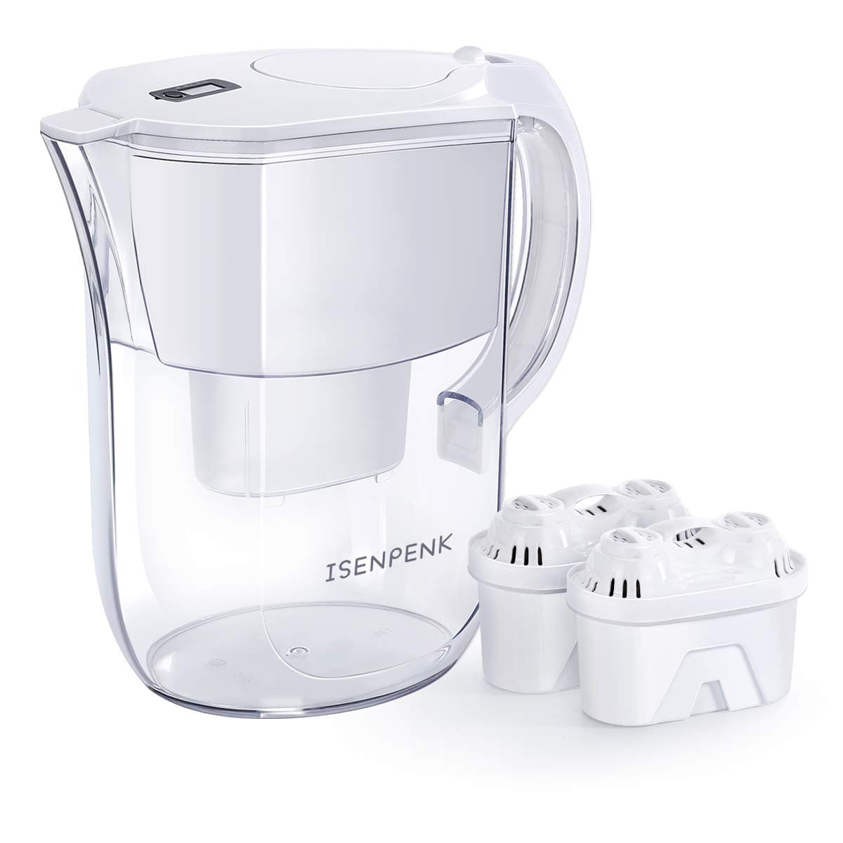 ISENPENK Water Filter Jug with 2 Filter Cartridges, LCD Display for Filter Replacement, Indication Home and Camping Filtration 3.8L White
