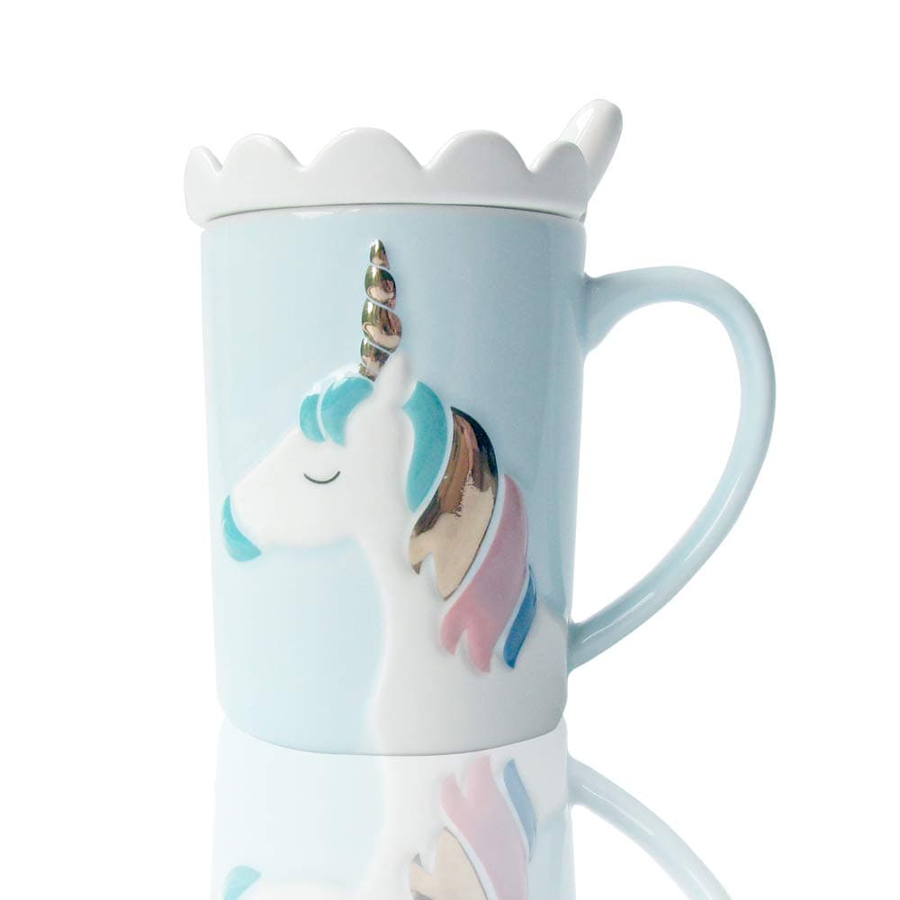 BigNoseDeer Unicorn Mug Cute Ceramic Coffee Mug with Lid Spoon,Cute Mugs for Coffee Tea Milk Unicorn Gifts for Girls Cute Gifts for Women (Blue 13oz)