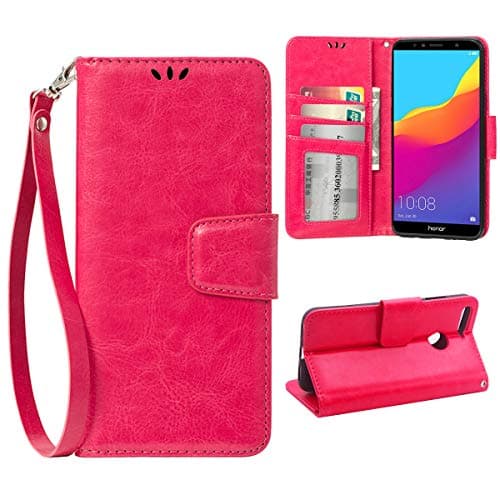 Flip Case for Huawei Honor 7C/Huawei Y7 2018/Y7 Prime 2018, Scratch-Proof Leather Wallet Stand Cover With Card Holder Phone Case Protector for Huawei Honor 7C/Huawei Y7 2018/Y7 Prime 2018, Rose Red