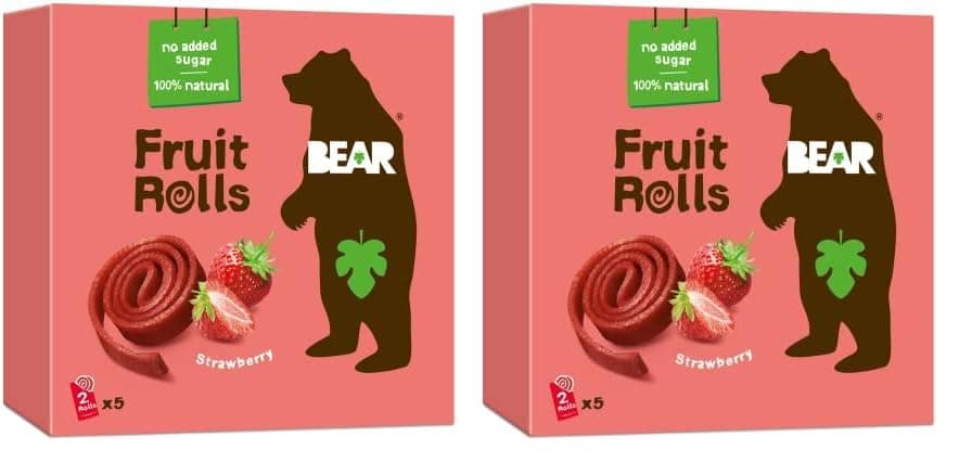 BEAR Fruit Rolls Strawberry - 100% Natural Ingredients - No added sugar - Healthy School And Lunch Snacks For Kids And Adults - 5 x 20g (Pack of 2)