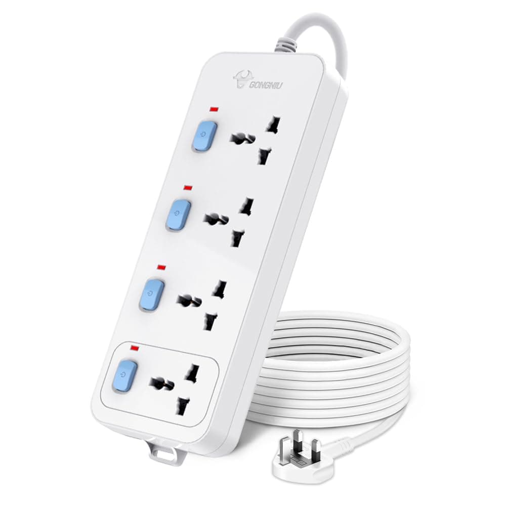 GONGNIU 4-Way Multi Plug Power Extension Cord 3M with 4 Universal Sockets, Individual Switches, Hanging Holes, Power Strip Extension Lead for Home & Office