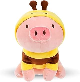 35cm Sitting Pig Soft Toy with Bee Hoodie – Cuddly Plush Stuffed Animal for Kids, Baby Girls & Newborns – Cute Polyester Piggy Teddy, Nursery Cushion – Kids Room Decor