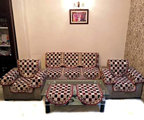 Creative Hub Checkered Polycotton 5 Seater Sofa Cover(3+1+1) 6 arm-Rest (Multi-Color red-Black) 12 Pieces
