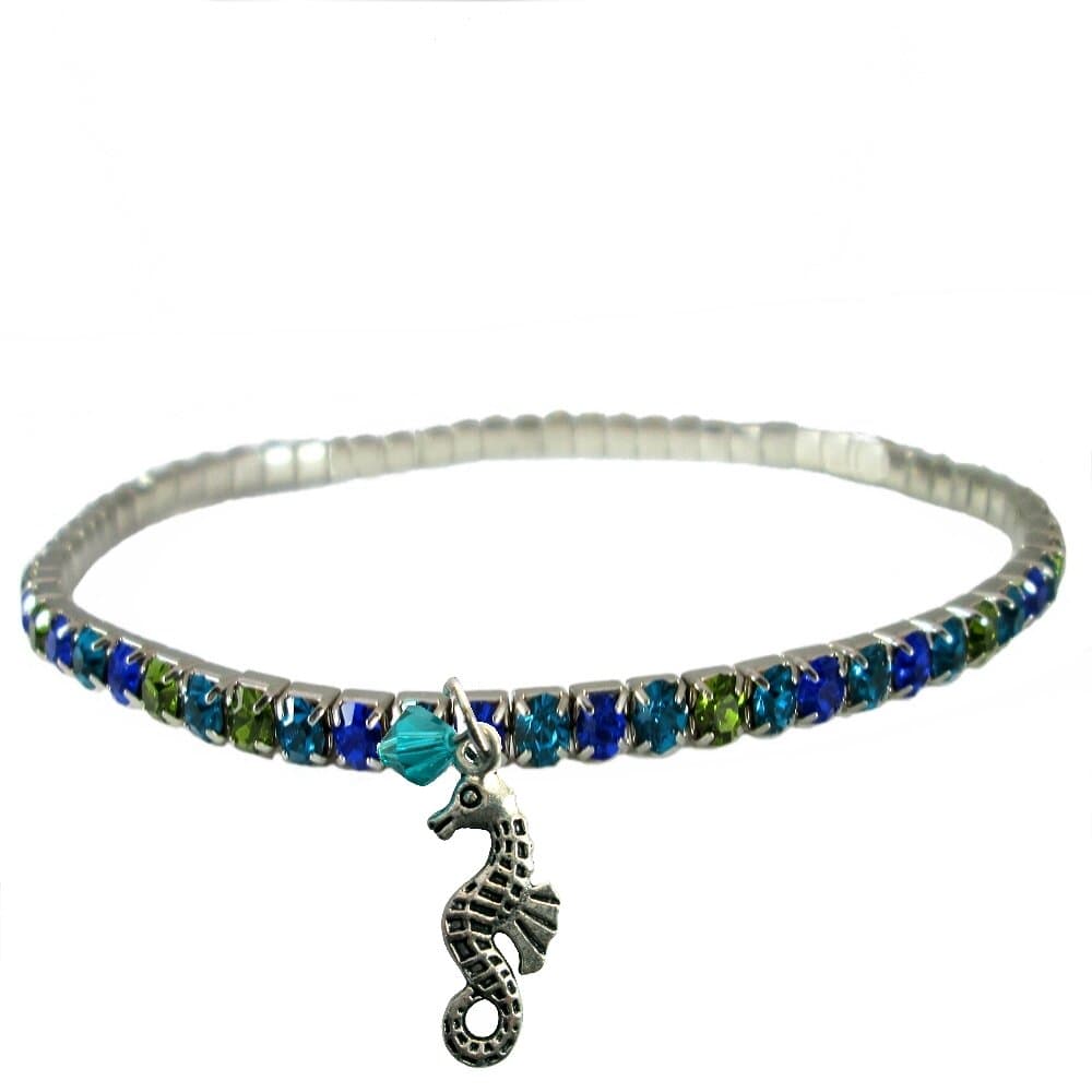 PP Designs Sparkly Caribbean Blue & Green Crystal 9" Stretch Anklet ~ Seahorse Charm