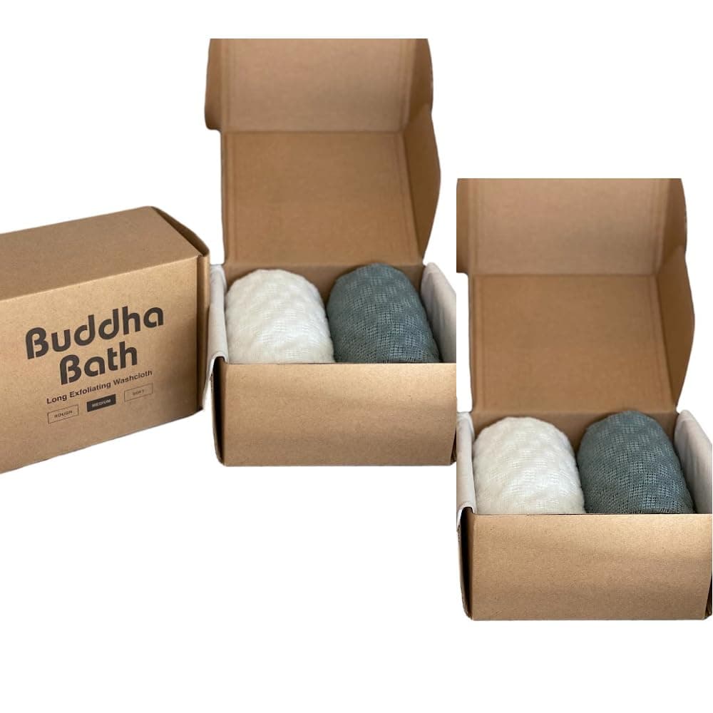 Extra Long Exfoliating Shower Towel Washcloth (Medium Exfoliate) - Silver Blue, White - (4 Count)