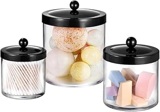 SheeChung 3-Pack Plastic Apothecary Jars with Black Metal Lids - Large 50oz, 25oz & 15oz Clear Acrylic Storage Set - Shatterproof Bathroom & Laundry Room Organizer - Modern Farmhouse Decor