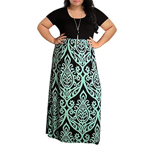 Womens Dresses Women's Print Summer Patchwork Short Sleeve Plus Size Casual Long Maxi Dress (XL, Green)