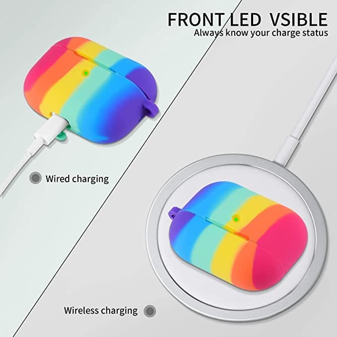 Meyaar Cute Silicone Case Compatible with Airpods 3Rd Generation Case (2021) One Part Design with Carabiner Hook,for Apple Airpods (3Rd Generation) Case (Rain-Bow) Multi-Coloured