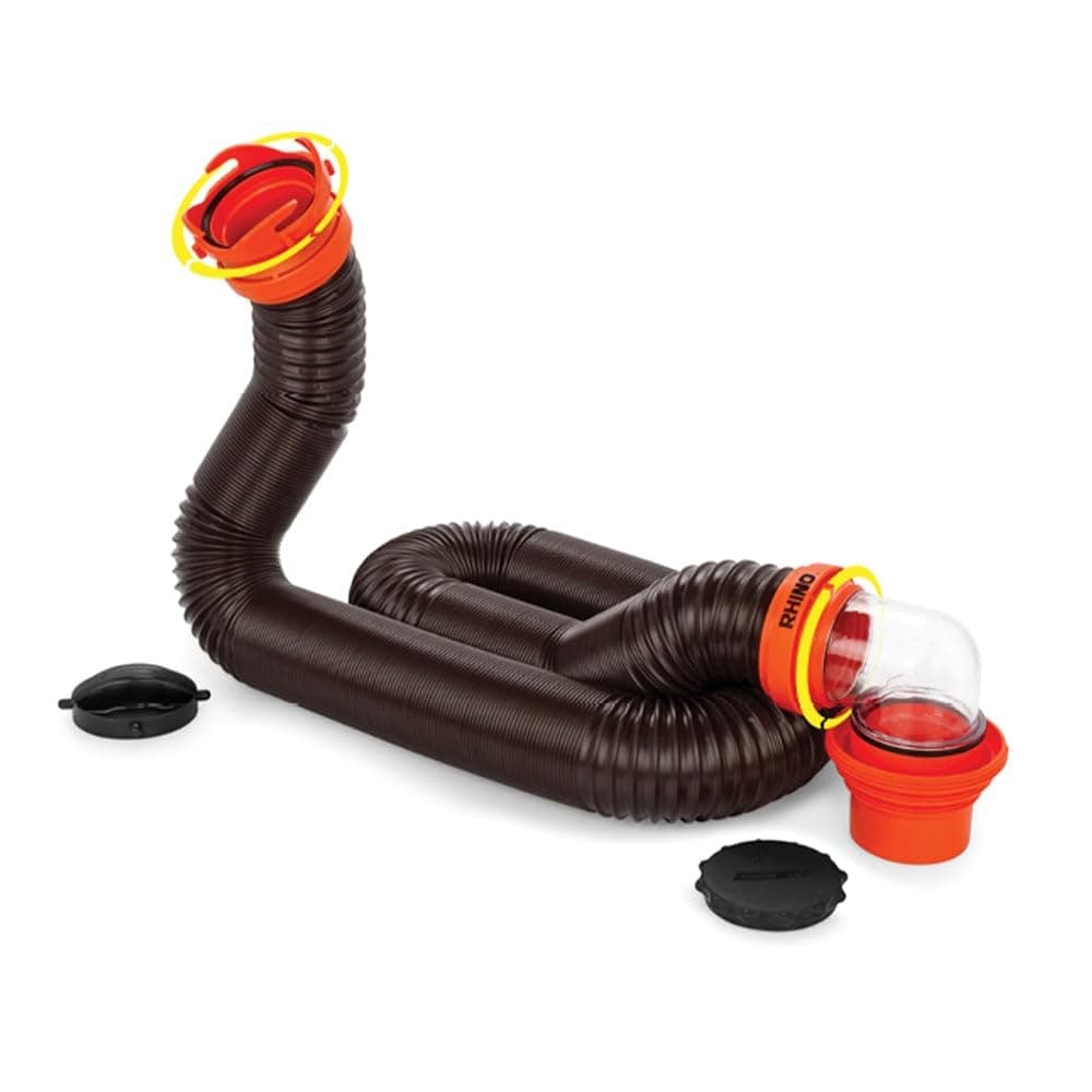 RhinoFLEX 15-Ft Camper/RV Sewer Hose Kit - Features Clear Elbow Fitting w/Removable 4-in-1 Adapter - Connects to 3” Slip or 3”/3.5”/4” NPT Threaded Sewer Connection (39761)