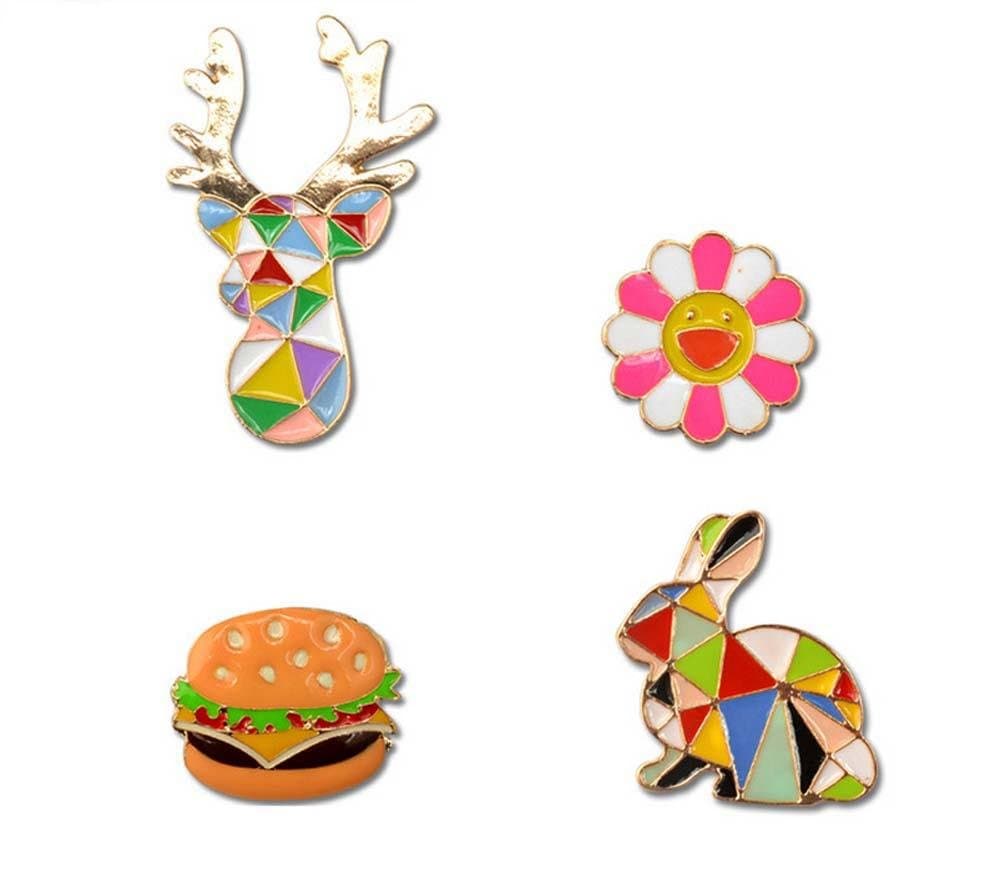 Nine tail fox Creative Enamel Brooch Pin Deer Head Flower Hamburger Rabbit Cartoon Brooch 4Pcs