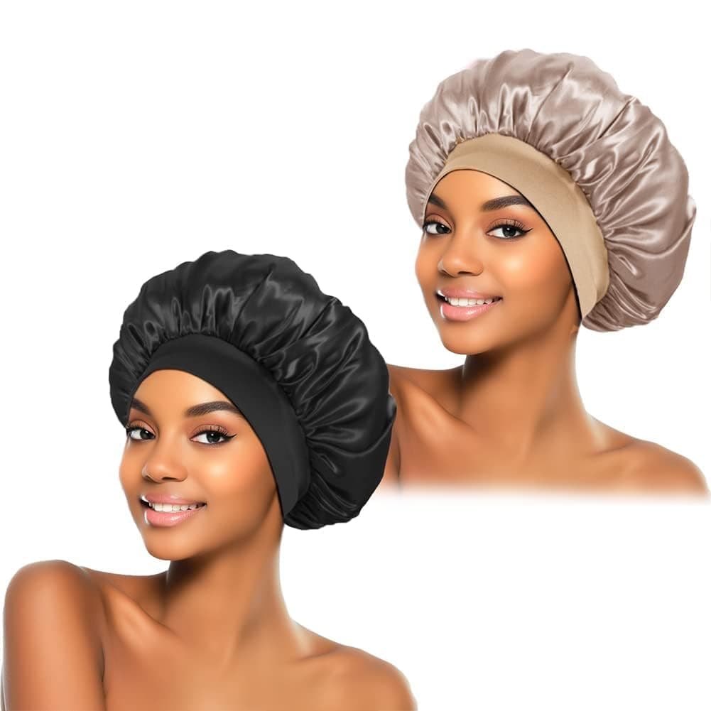 2Pcs Silk Bonnet for Sleeping, Satin Hair Bonnets, Soft Elastic Band Silk Sleep Cap, Silk Hair Wrap for Curly Hair