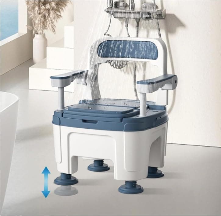 Mobile commode chair, with padded seat and arms 4.7in adjustable height easy to assemble up to 760 Lbs portable elderly potty chair