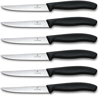Victorinox Swiss Classic Professional Steak Knife Set, 6 Piece, Ultra Sharp Blade, Serrated Edge, 11 cm, Sturdy Plastic Handle, Stainless Steel, Black