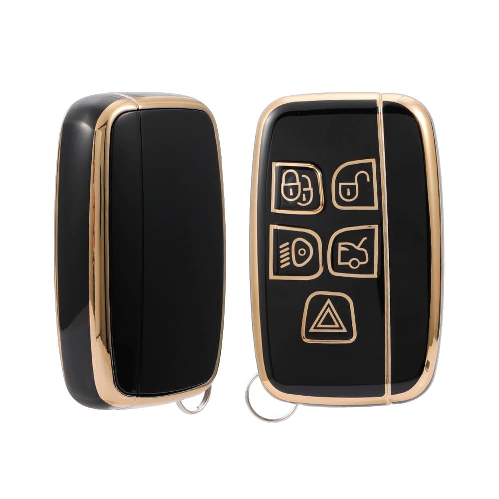 Keyzone TPU car Key Cover Compatible for Jaguar / Range Rover Evoque Velar Discovery LR4 Land Rover Sport XF XJ XE F-PACE F-Type 5 Button Smart Key (Gold Black)